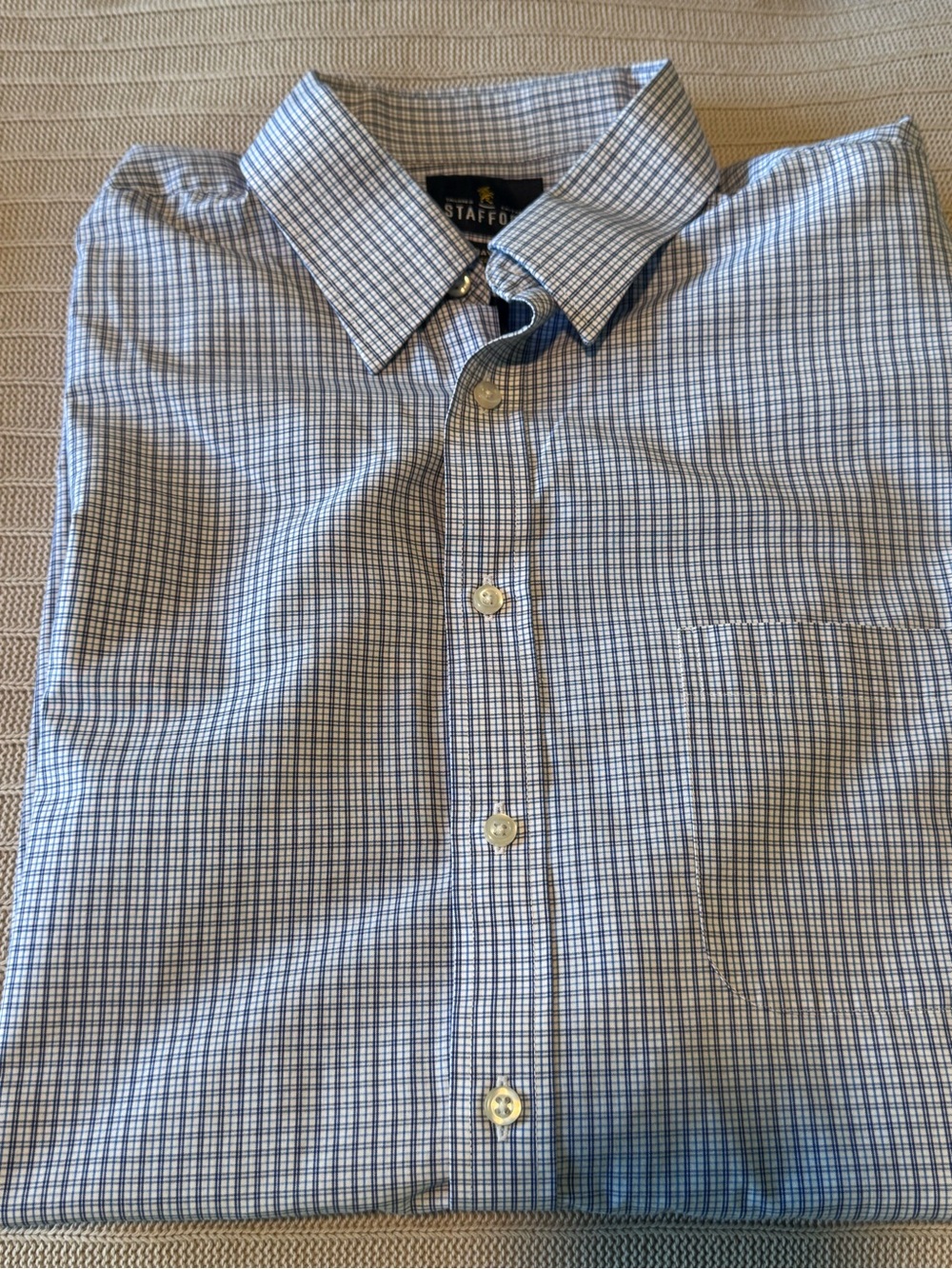 Stafford Men's Light Blue and White Checked Button-Down Shirt